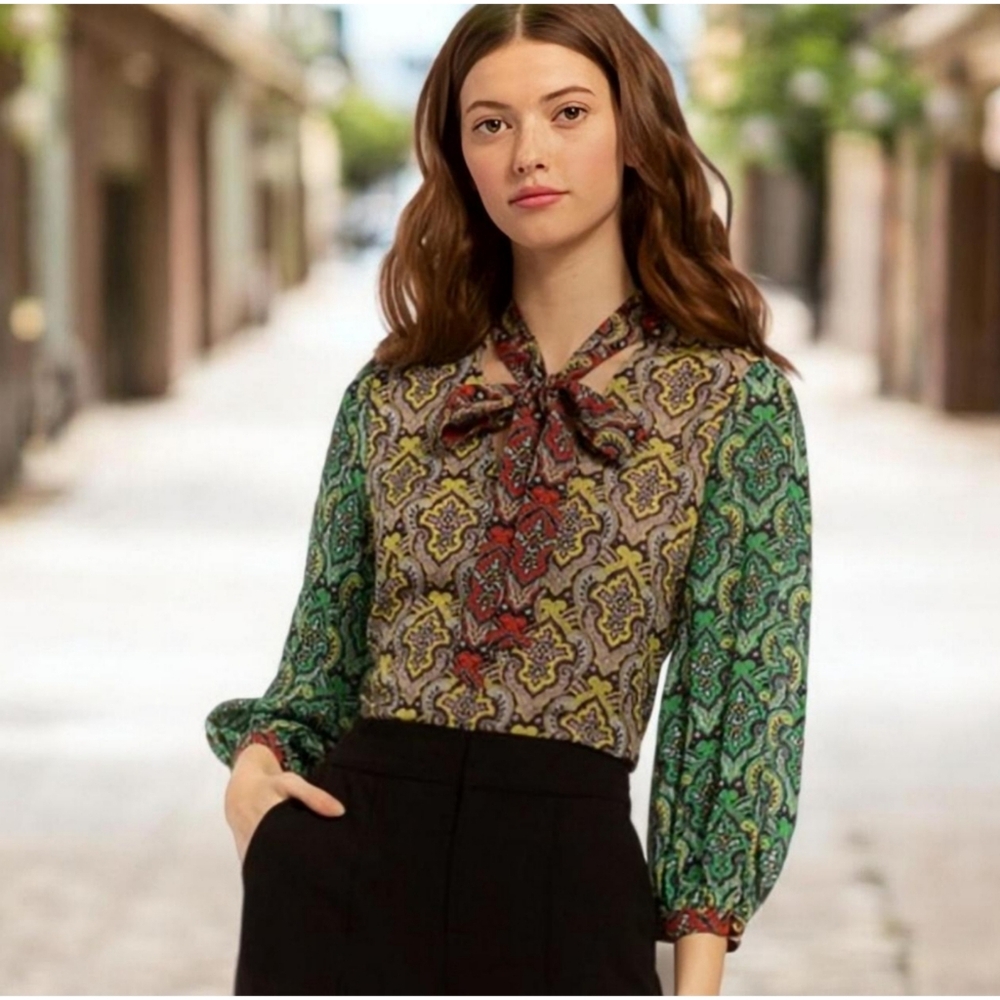 Alice + Olivia Multi-Print Tie-Neck Blouse in Green Mix